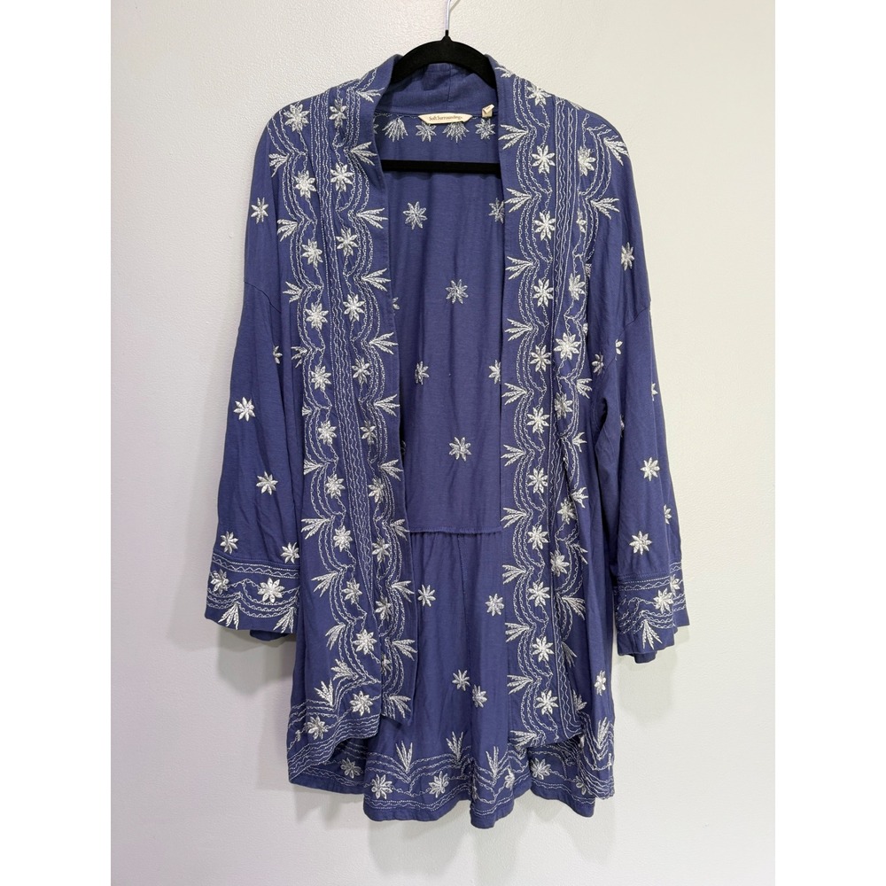 Soft Surroundings Blue Embroidered Open Front Cardigan L/XL Boho Ruffle Hem